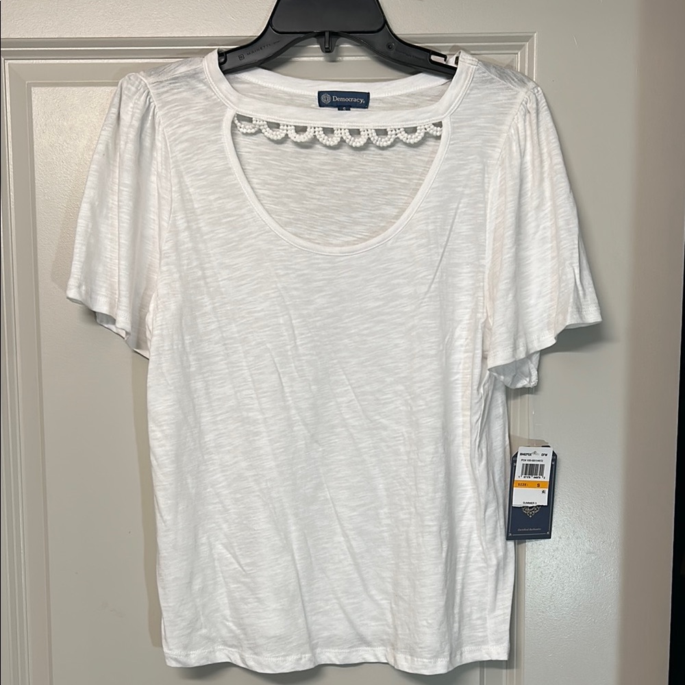 Democracy White Cut Out Short Sleeve Tee